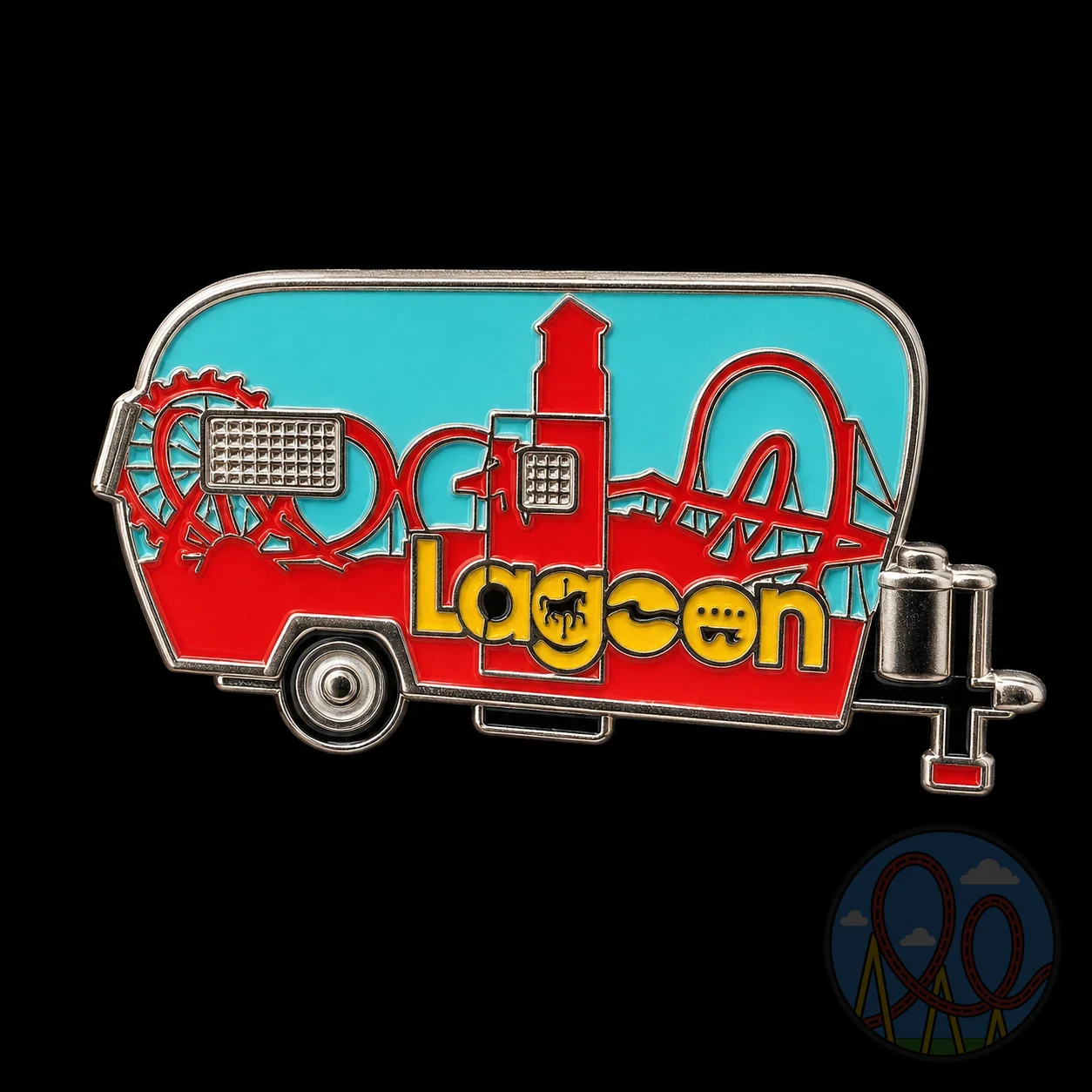 Lagoon – Retro Camper and Coaster Skyline (Red & Turquoise) amusement park pin