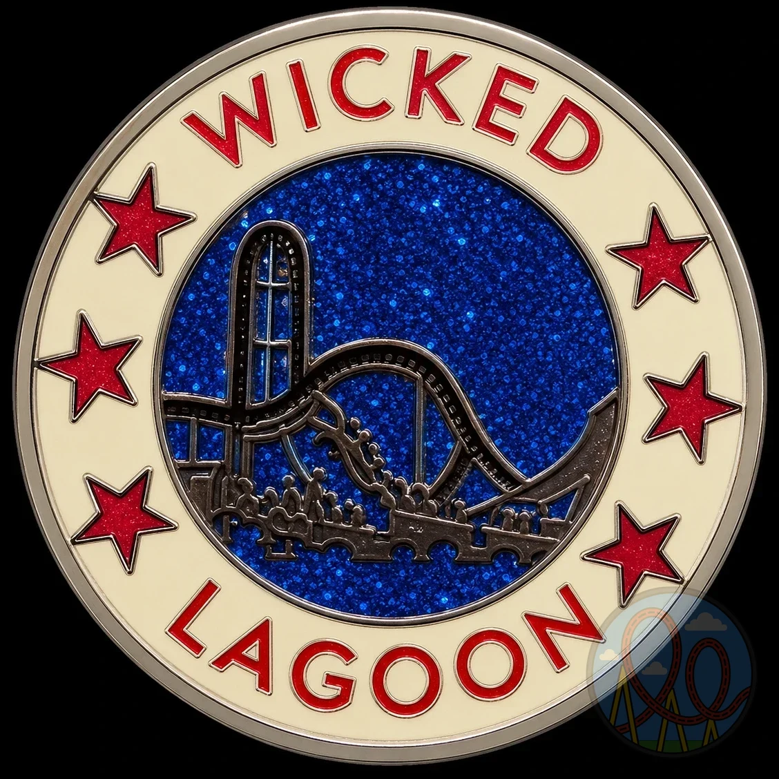 Wicked – Round Blue Glitter amusement park pin