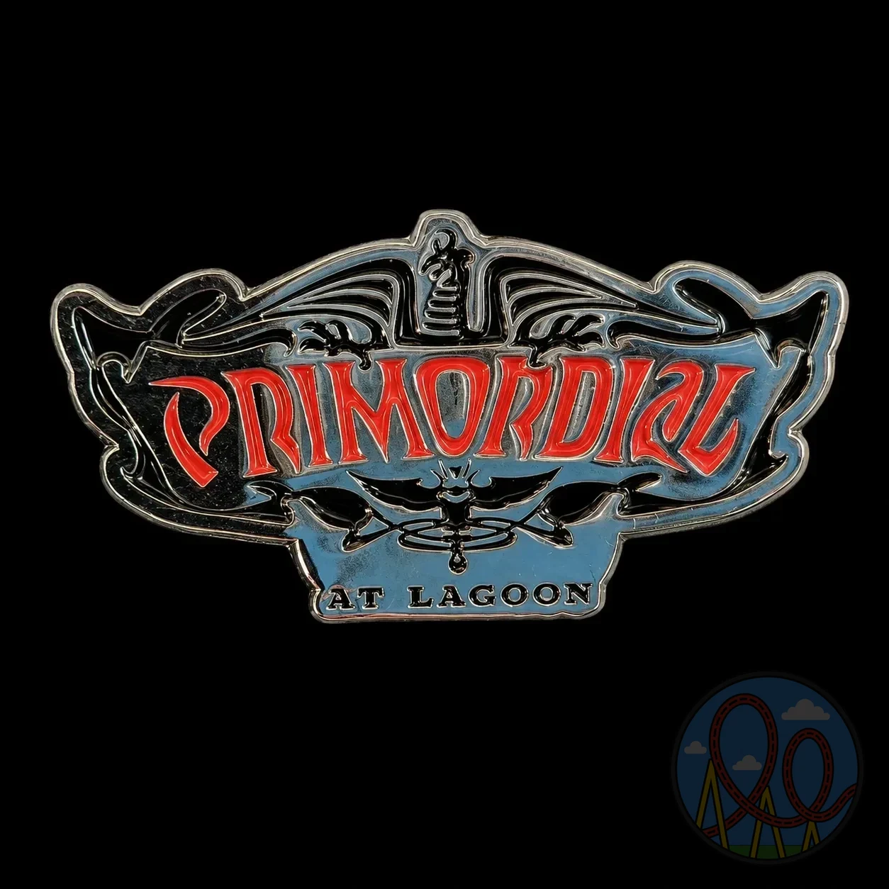 Primordial Logo (Chrome & Red) amusement park pin