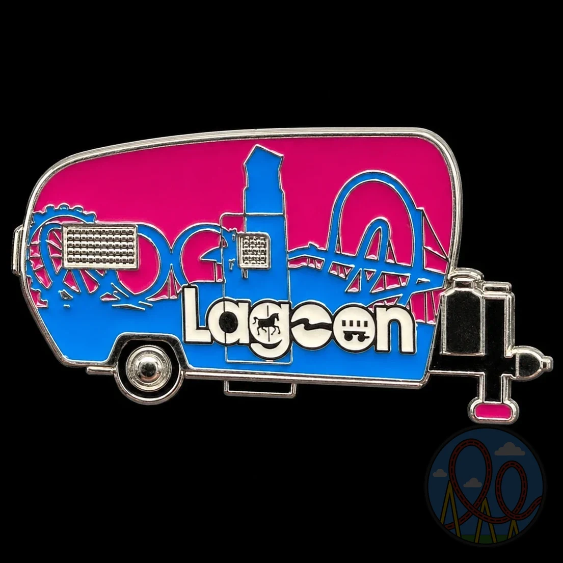 Lagoon – Retro Camper and Coaster Skyline (Pink & Blue) amusement park pin